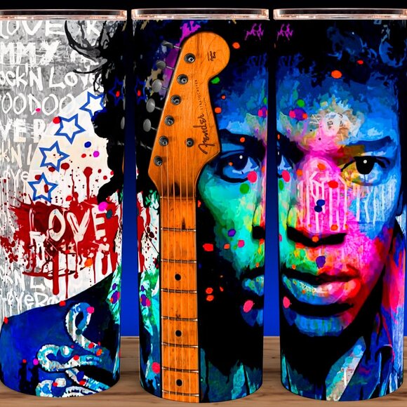 Jimi Hendrix with Fender Guitar Love Cup Mug Tumbler 20oz - Picture 1 of 4